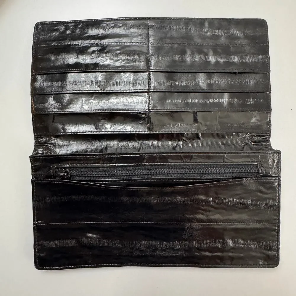 Vintage Handbag Black Genuine Eel Skin Leather Pockets Bifold Credit Card Wallet